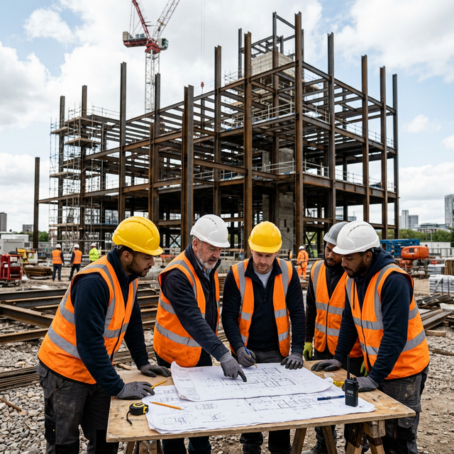 Cedar Enterprises construction site workers reviewing plans